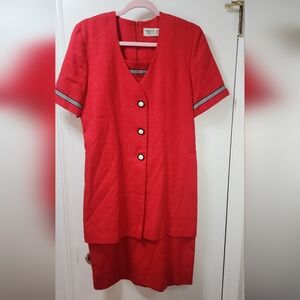 Chic Red Button-Up Dress with Striped Sleeves